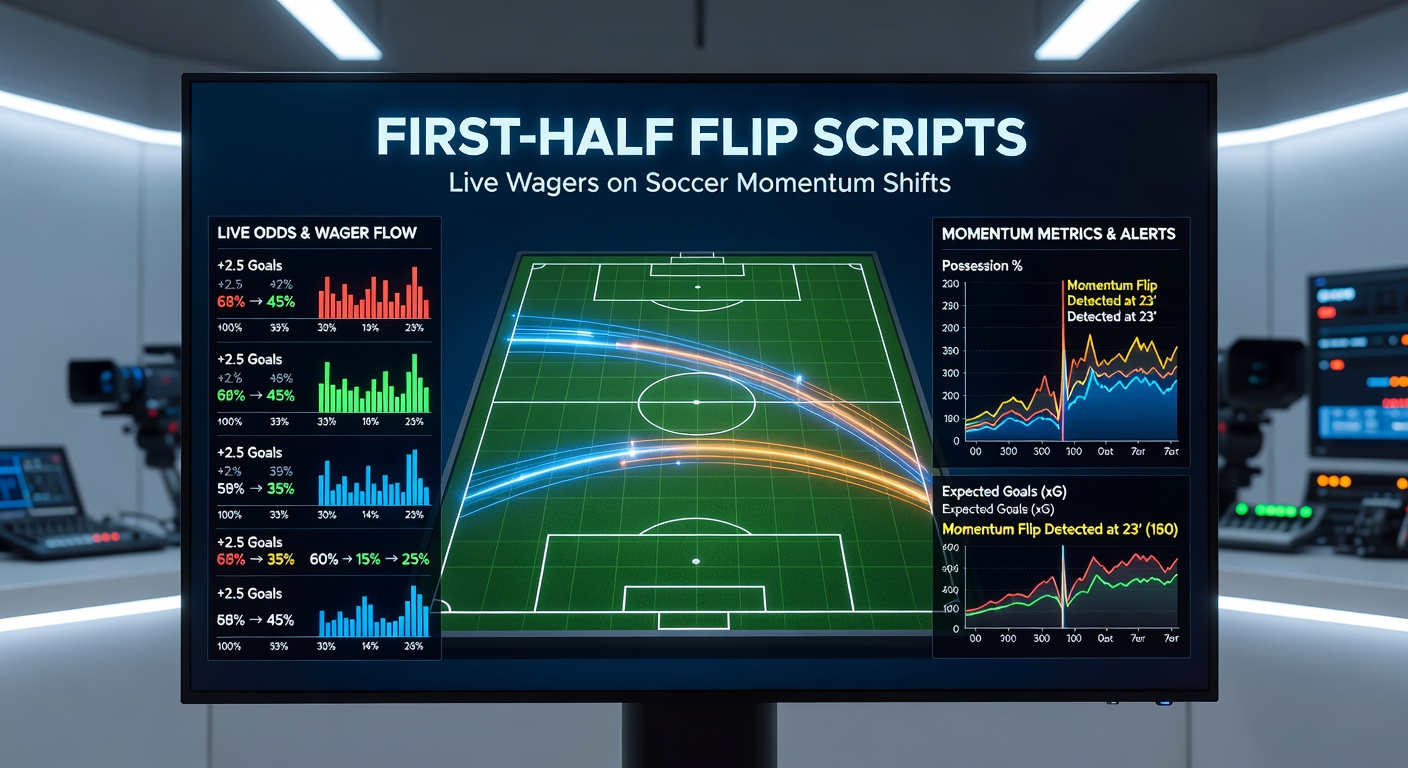 Grafik mit Statistiken zu Momentum-Shifts in der ersten Halbzeit von Fußballspielen, inklusive Quotenverläufen