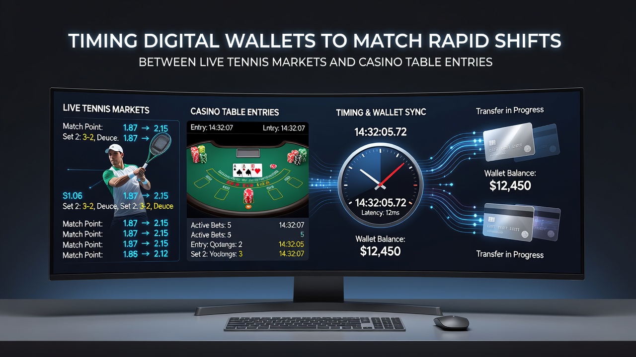 Mobile App-Dashboard mit Wallet-Transaktionsverlauf zwischen Tennis-Live-Märkten und Casino-Tischen